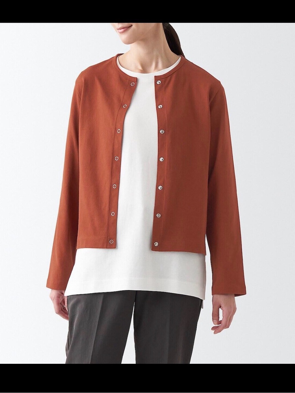 Title: MUJI Rust Brown Cotton Snap-Front Cardigan | Women’s Size L